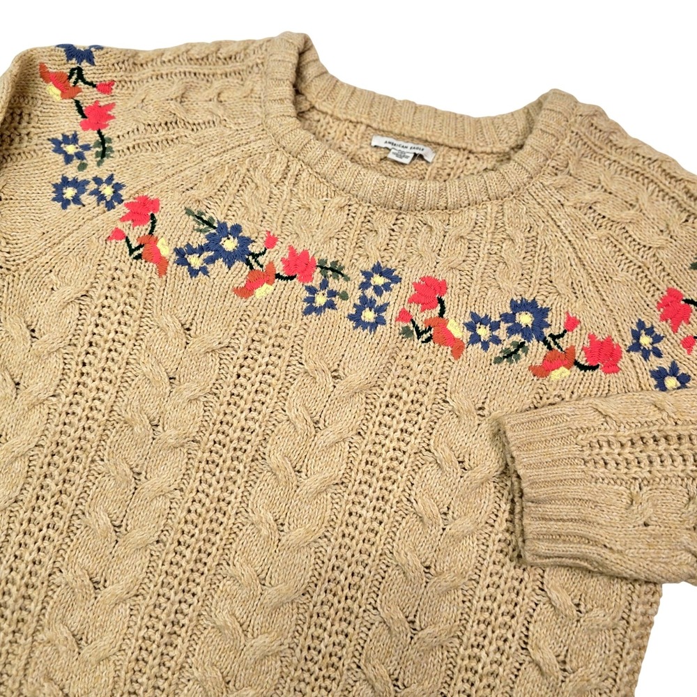 American Eagle Floral Embroidered Yoke Cable Knit Crewneck Sweater Womens L‎